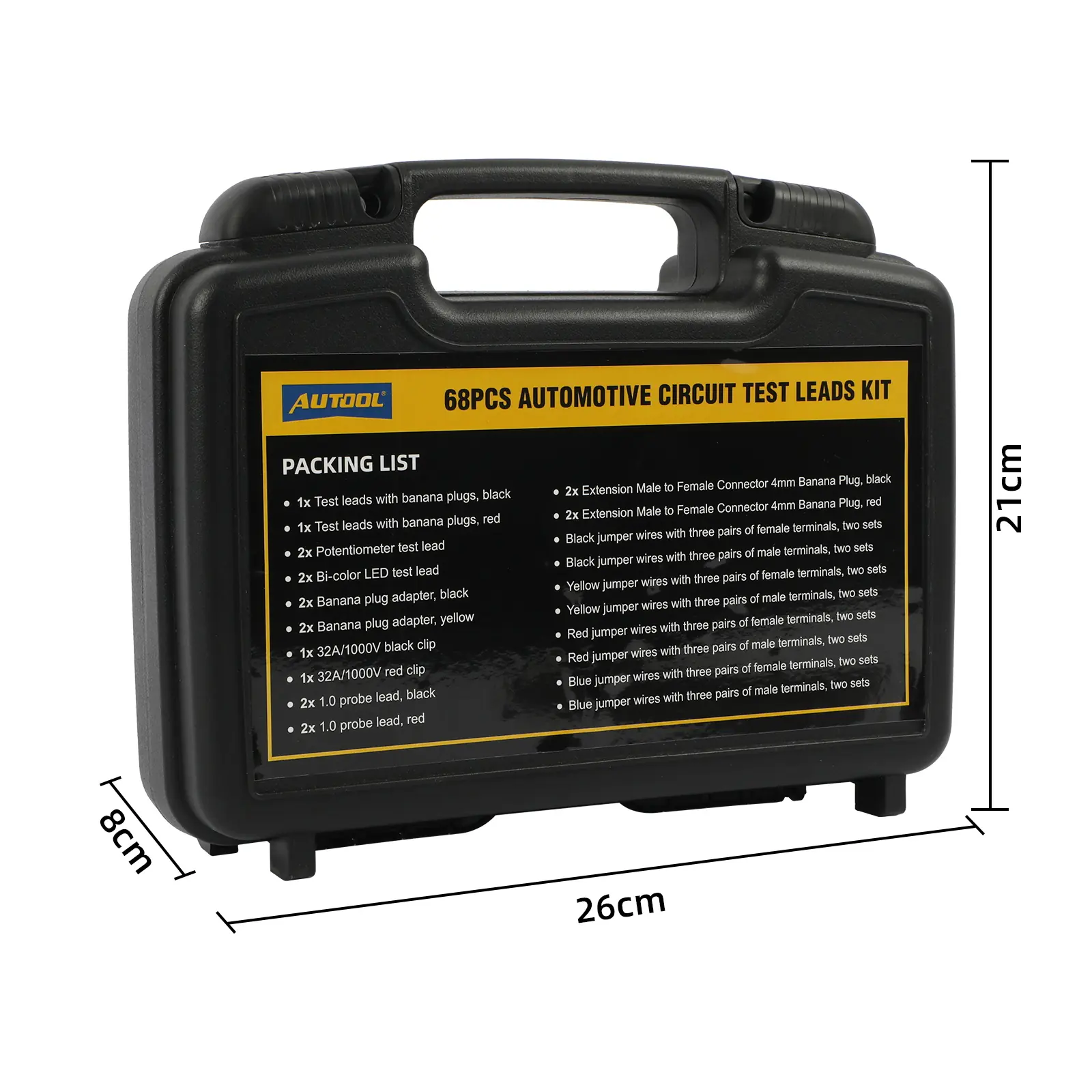 AUTOOL 68PCS test lead set EVA carrying case with approximate 26 x 21 x 8 cm size
