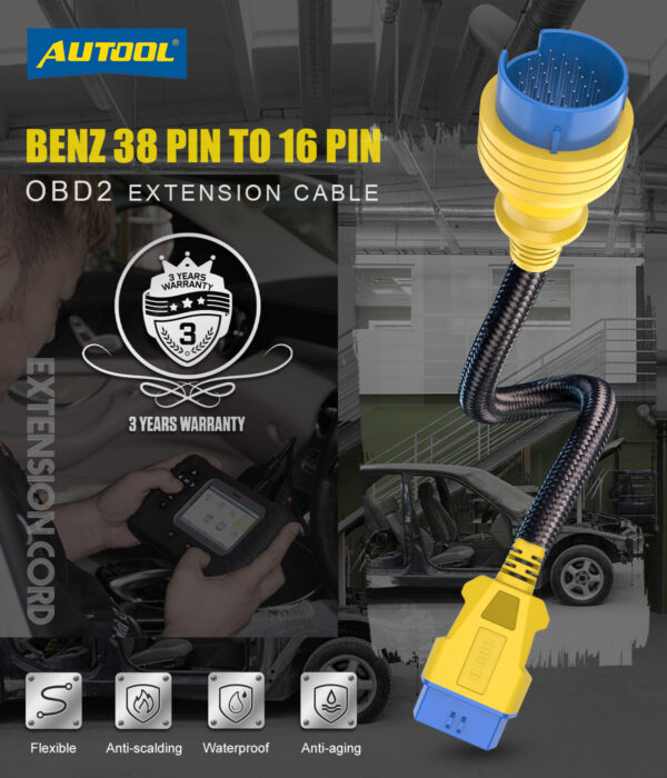 AUTOOL 42 CM Car OBD2 Reinforced Nylon Extension Cord 38PIN TO 16PIN Male to Female Cable for Benz