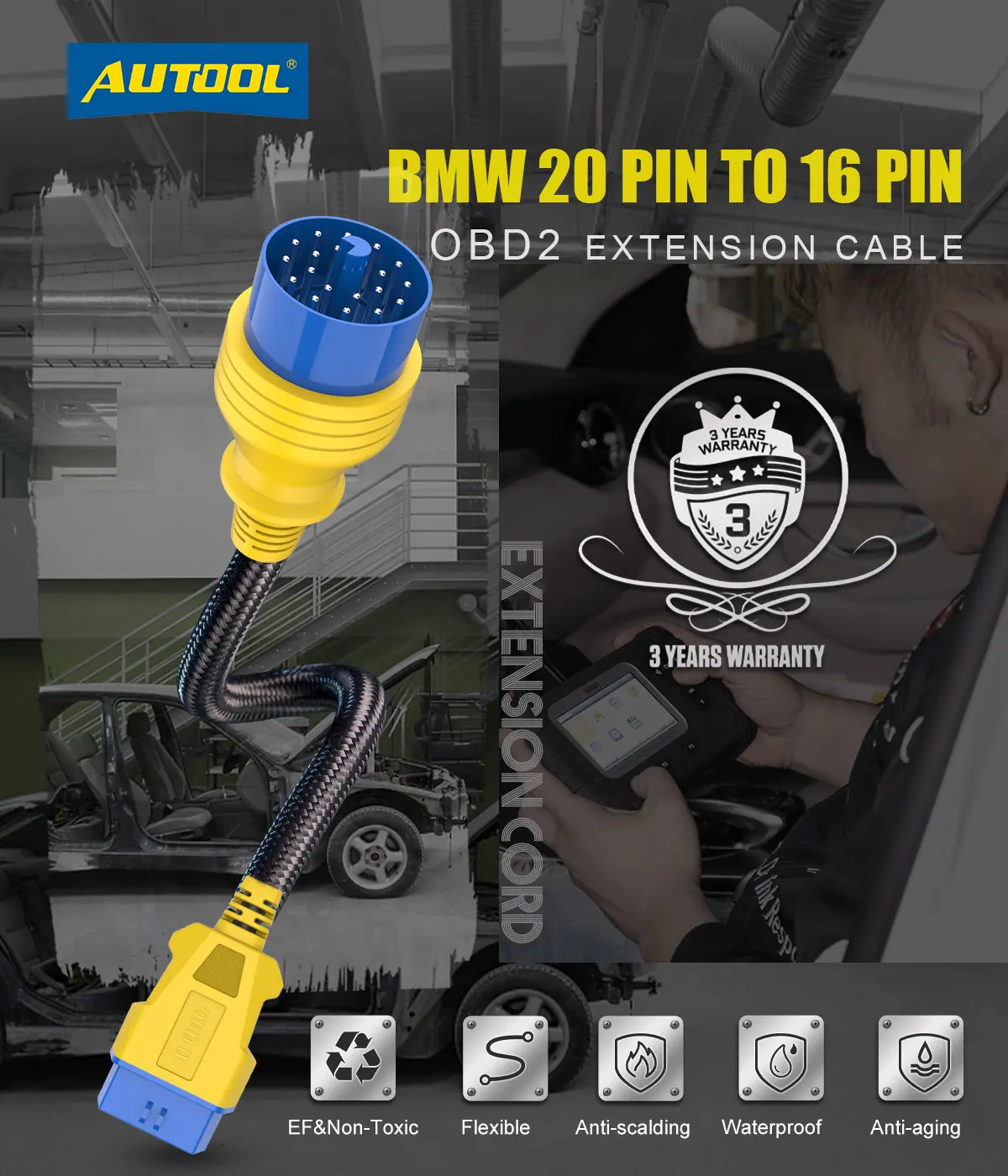 AUTOOL BMW 20-pin to 16-pin OBD2 extension cable main product image
