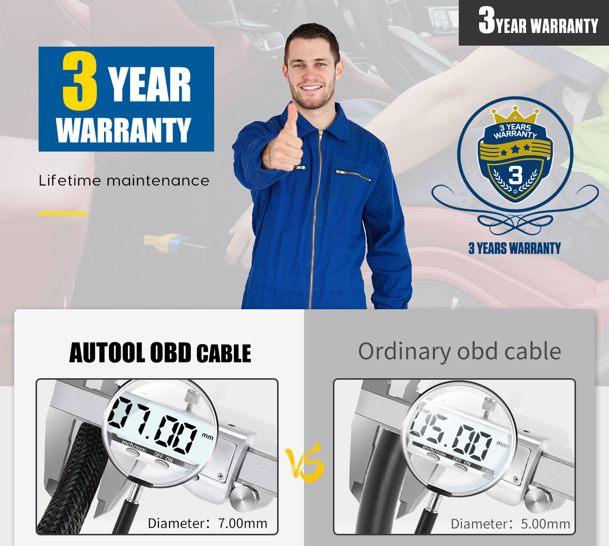 AUTOOL OBD2 adapter cable 3 year warranty and cable diameter comparison
