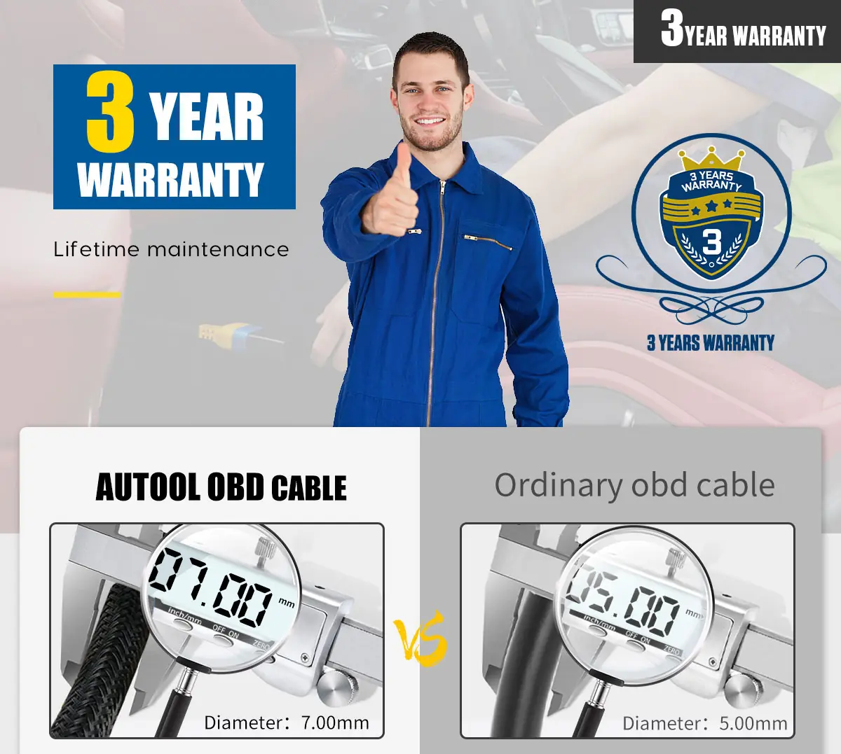 AUTOOL OBD2 adapter cable 3 year warranty and cable diameter comparison