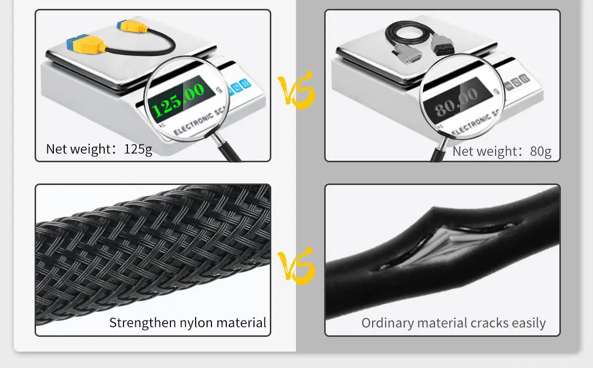AUTOOL OBD2 adapter cable weight and strengthened nylon material comparison