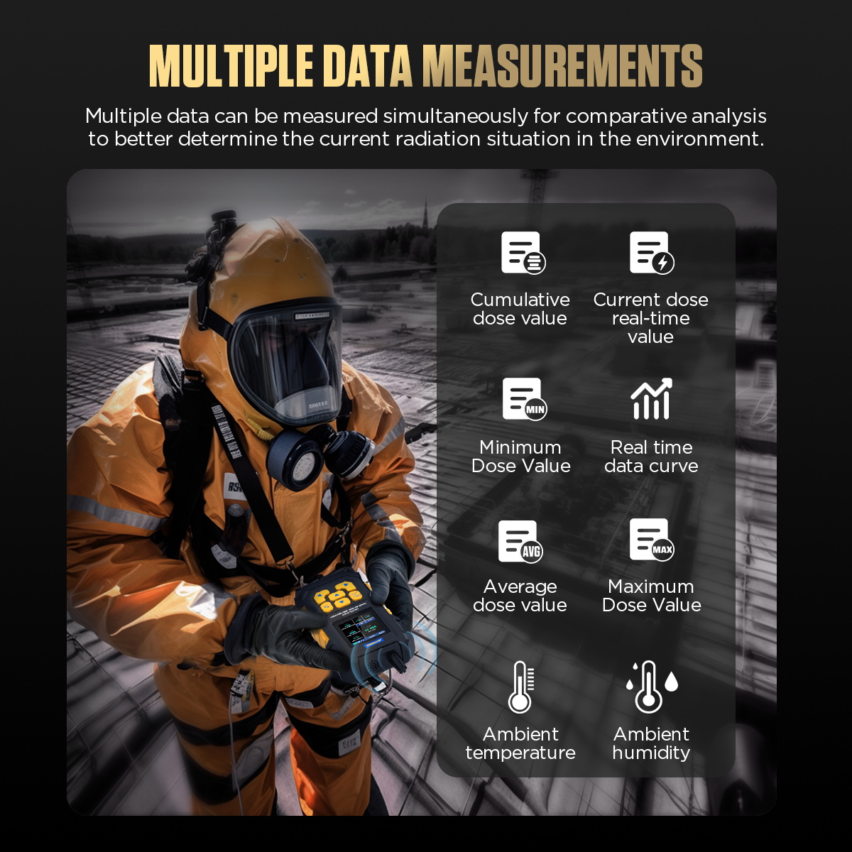 AUTOOL ND300 multiple data measurements including cumulative dose, current dose, average, maximum, minimum, curve, temperature and humidity