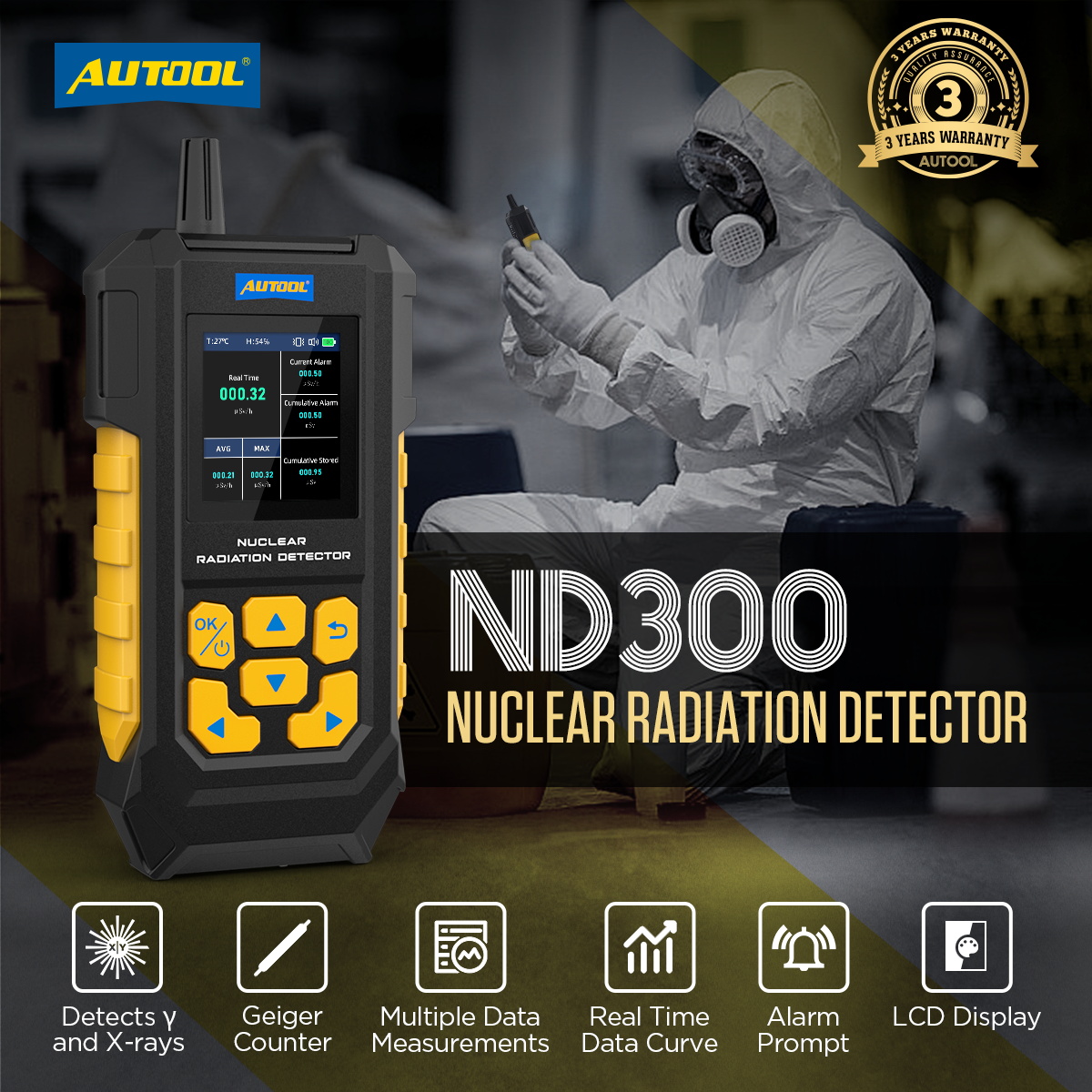 AUTOOL ND300 nuclear radiation detector main product image with key features