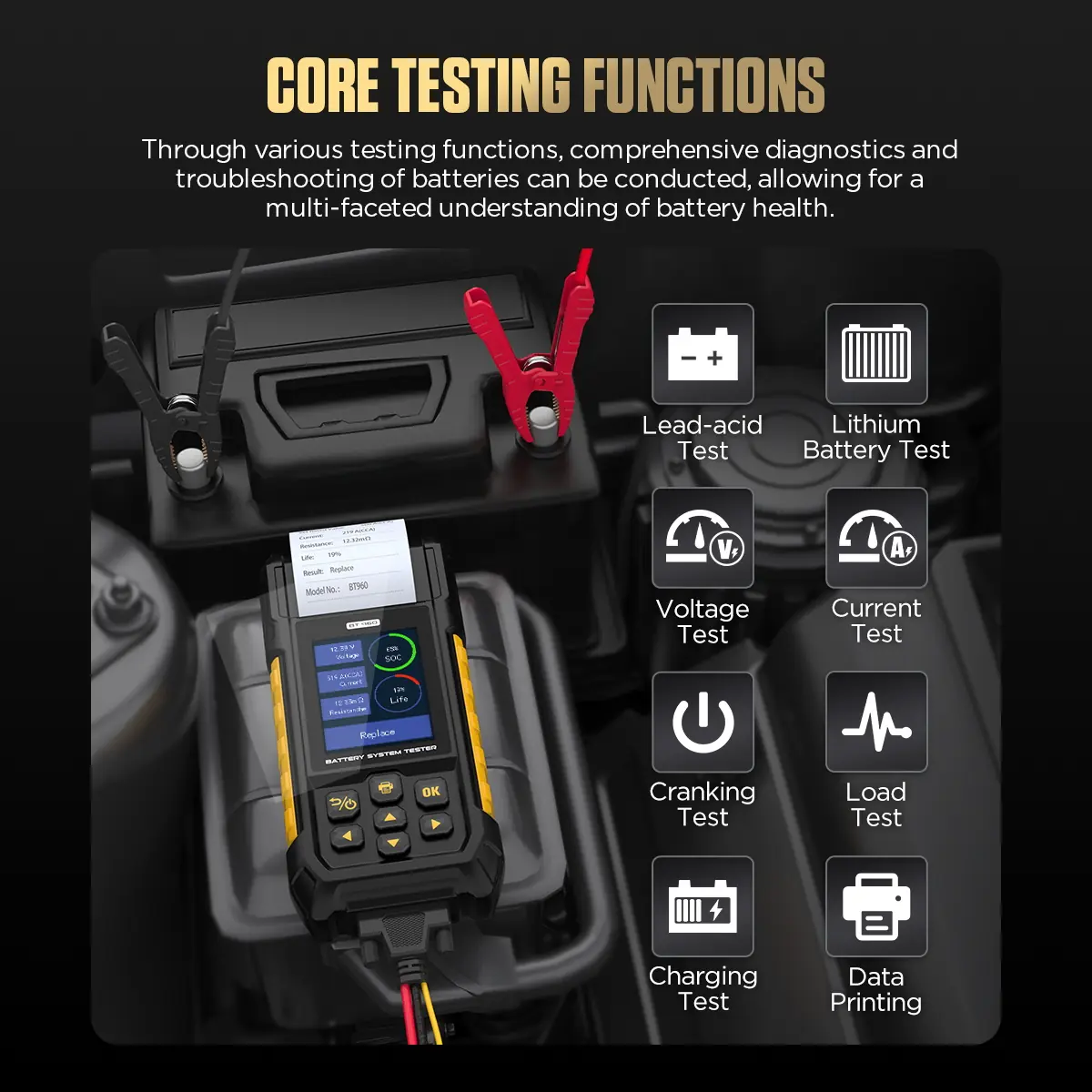 AUTOOL BT960 car battery tester feature display