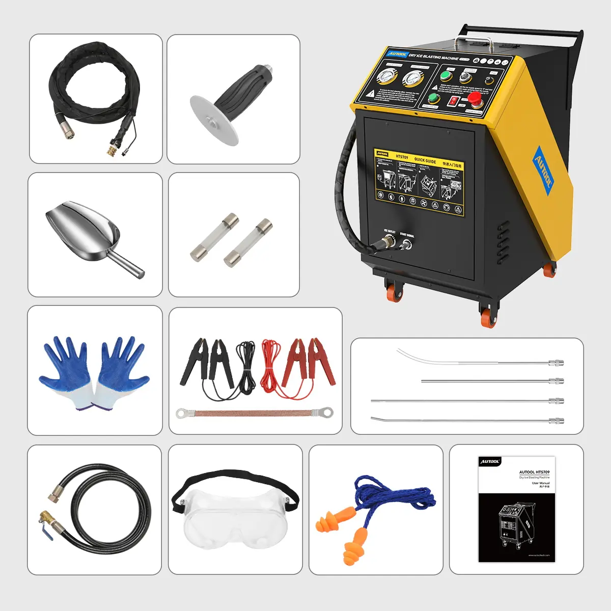 AUTOOL HTS709 dry ice cleaning machine packing list with machine hose spray gun accessories safety gear and manual