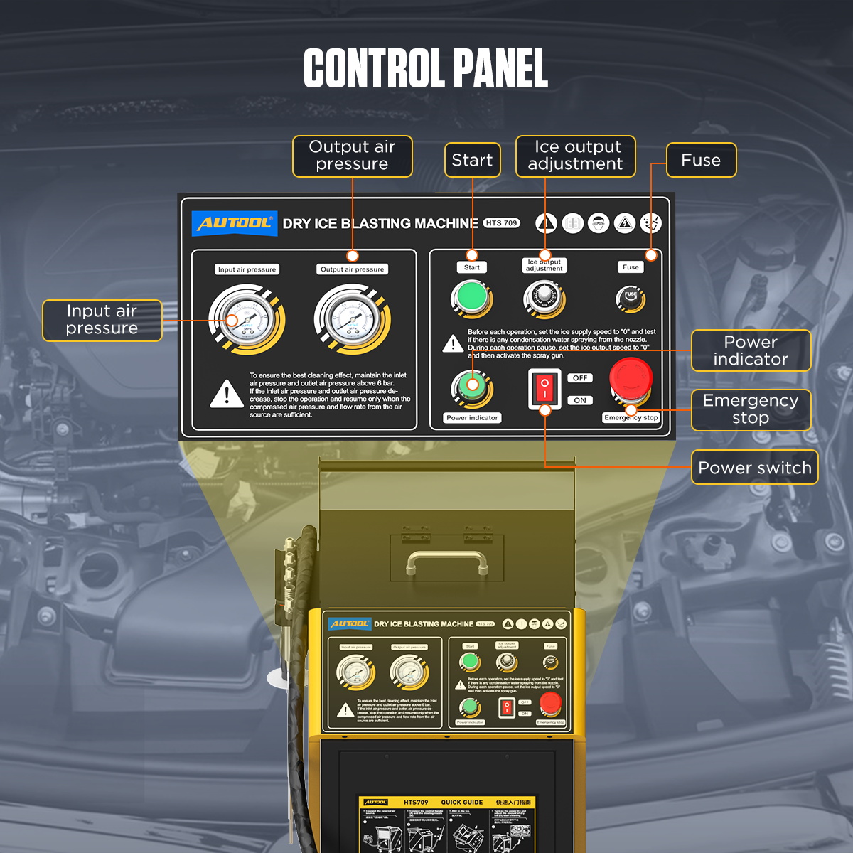 AUTOOL HTS709 control panel showing input pressure output pressure start ice output adjustment fuse emergency stop and power switch
