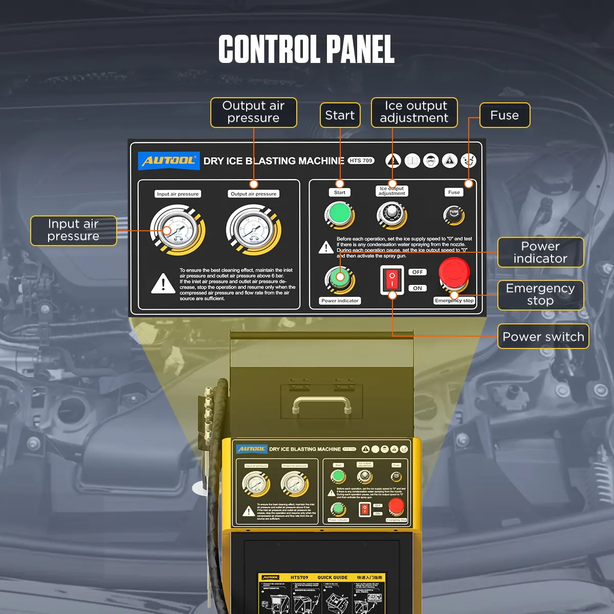 AUTOOL HTS709 control panel showing input pressure output pressure start ice output adjustment fuse emergency stop and power switch