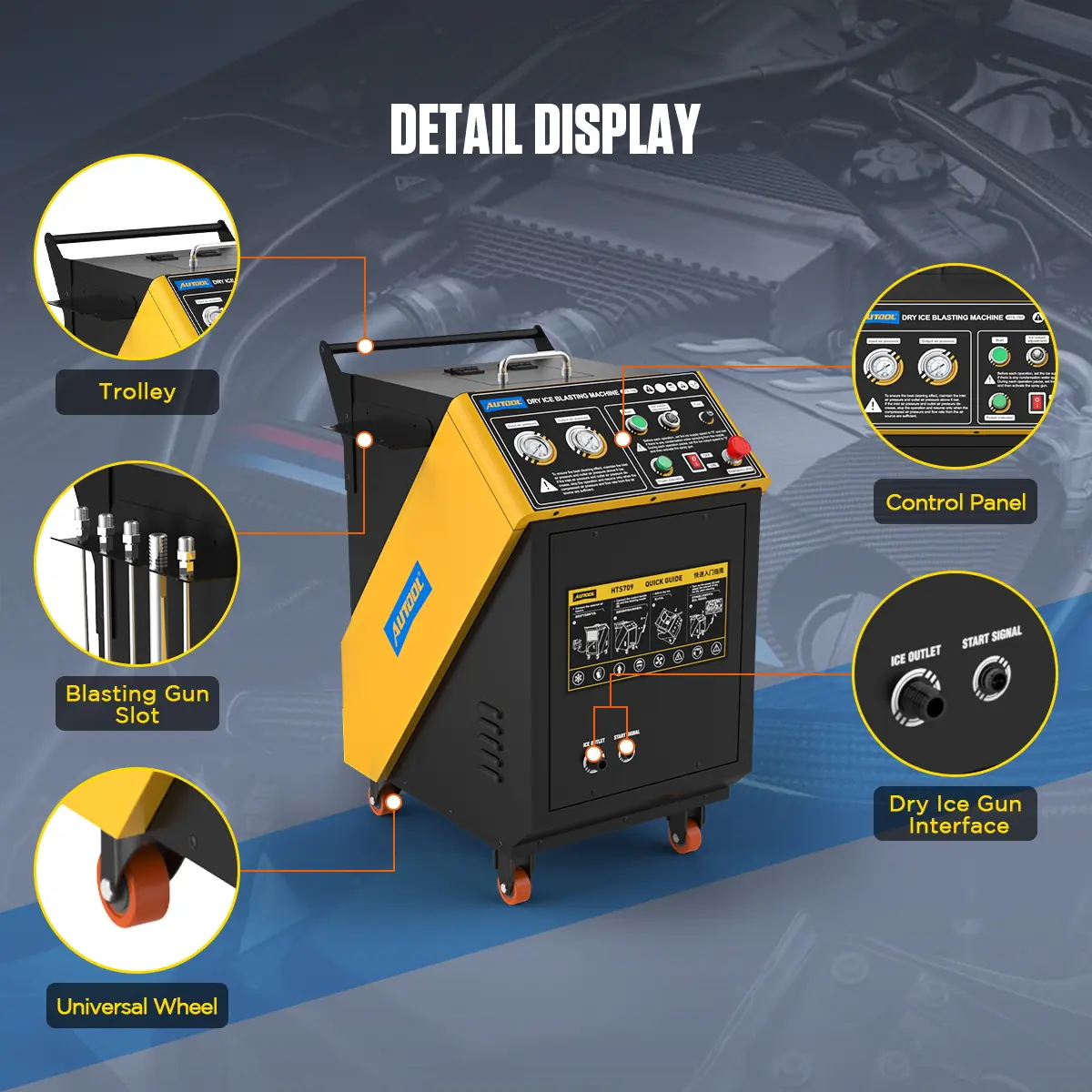 AUTOOL HTS709 detail display showing trolley blasting gun slot universal wheel control panel and dry ice gun interface