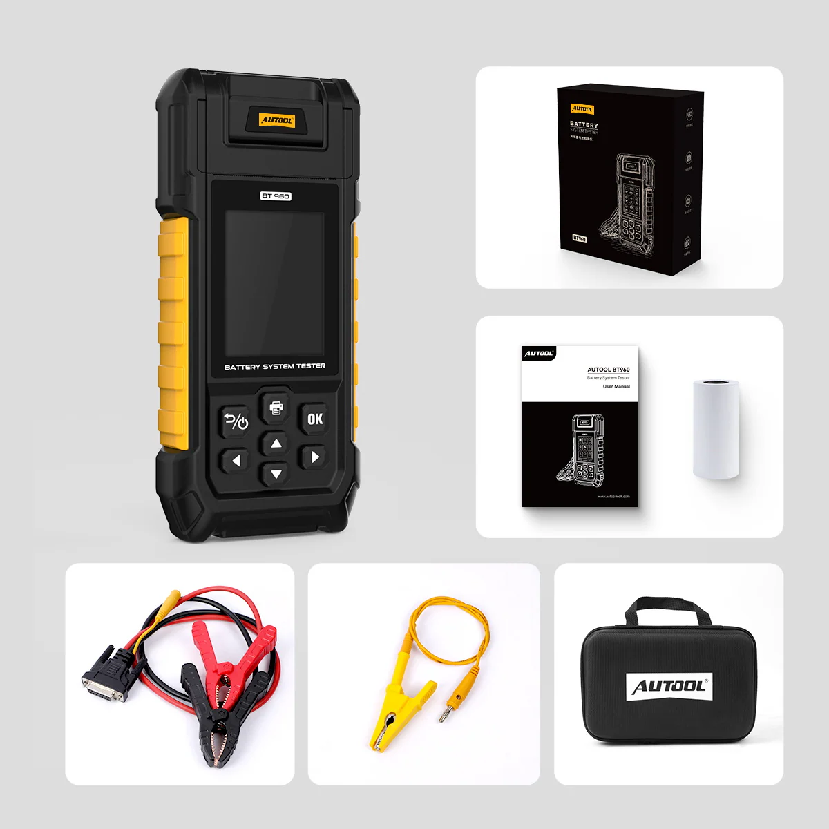 AUTOOL BT960 packing list showing main unit retail box manual thermal paper roll clamps leakage test cable and storage bag