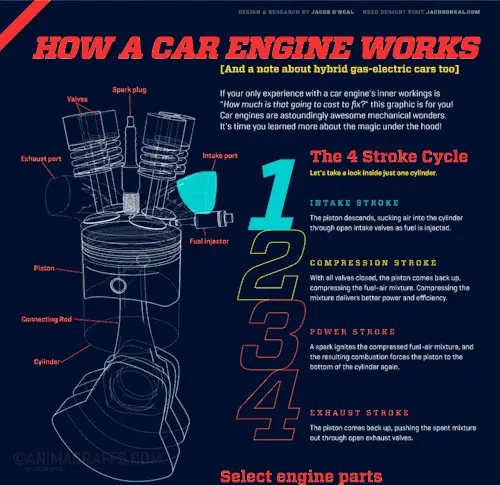 Automobile engine structure and work cycle illustration