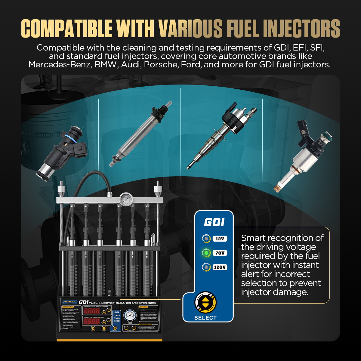 AUTOOL CT450 GDI EFI FSI injector compatibility and voltage selection