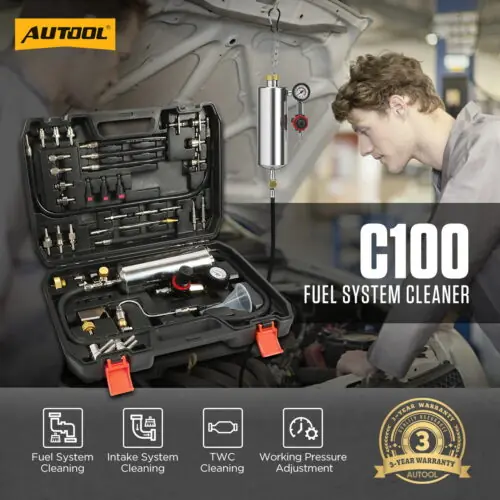How does the Autool C100 clean the fuel system?