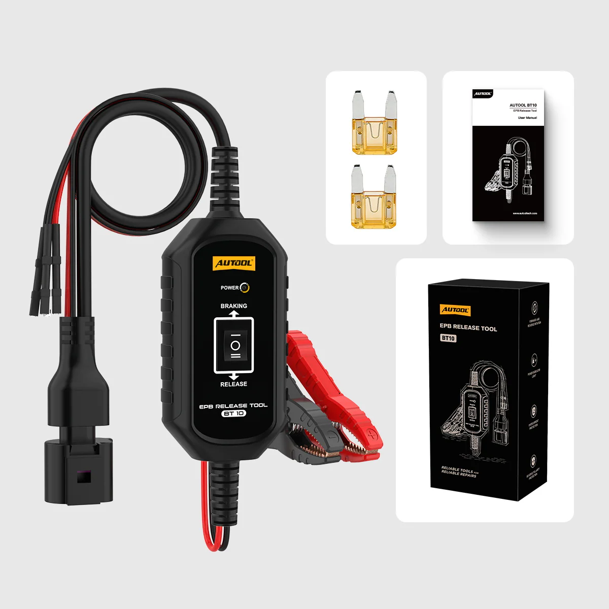 AUTOOL BT10 packing list with main unit, package box, and manual