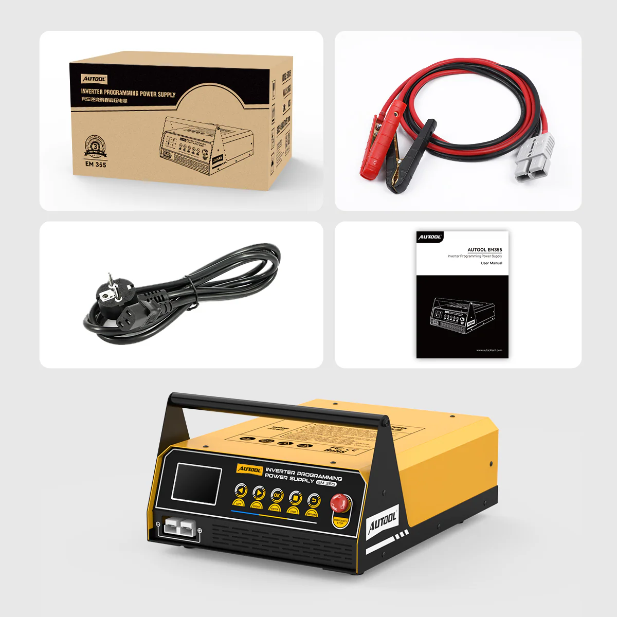 AUTOOL EM355 packing list including main unit retail box battery clamp cable power cable and user manual