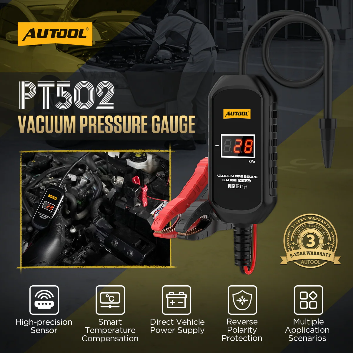 AUTOOL PT502 vacuum pressure gauge overview with main functions