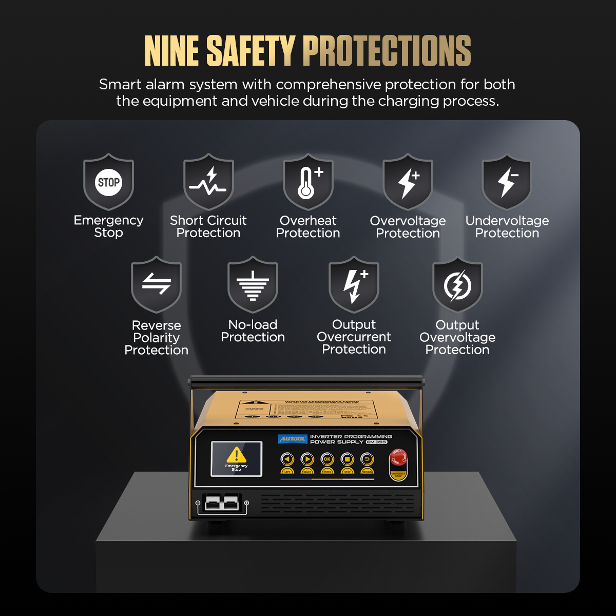 AUTOOL EM355 nine safety protections including short circuit overheat and reverse polarity protection