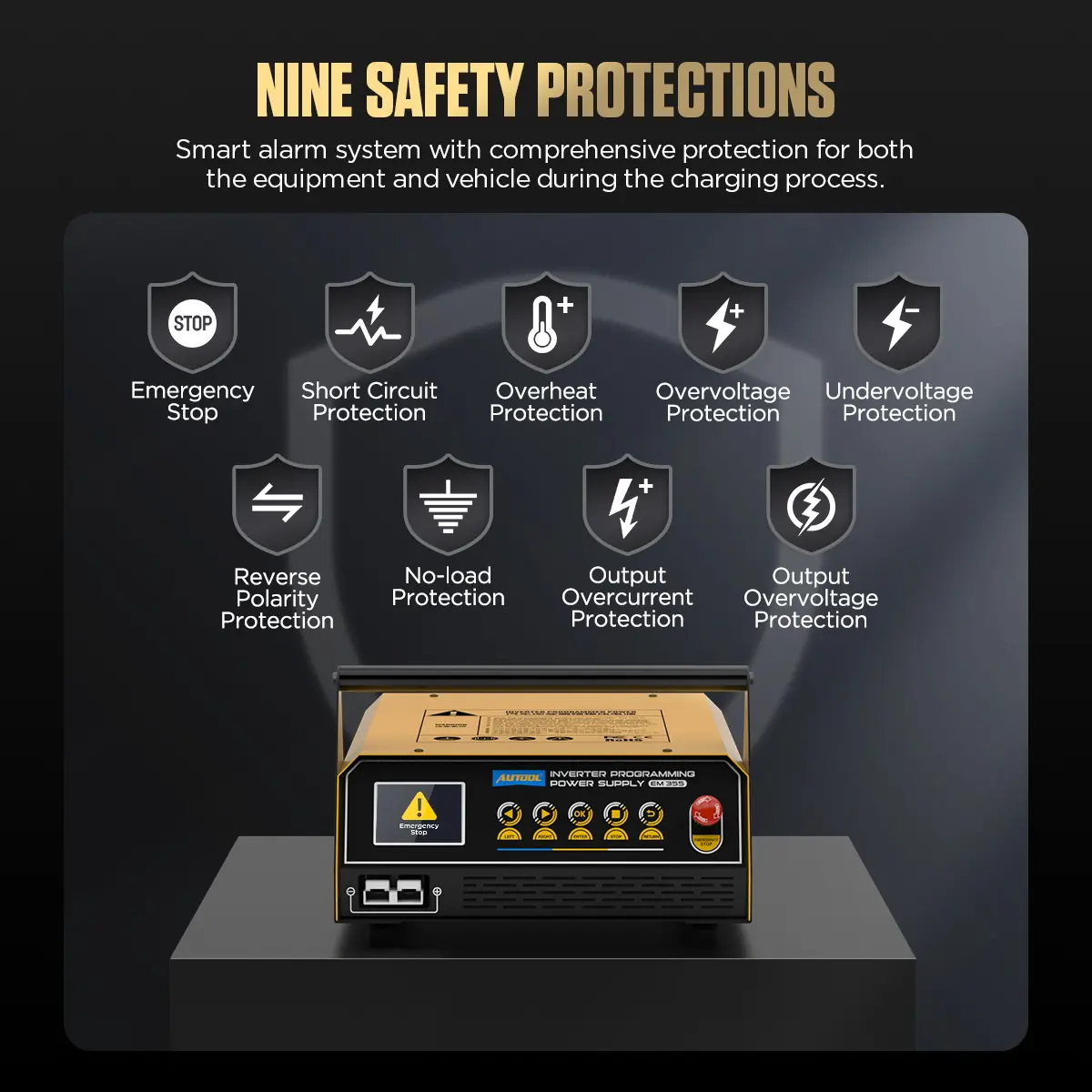 AUTOOL EM355 nine safety protections including short circuit overheat and reverse polarity protection