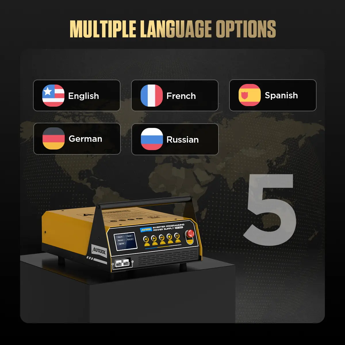 AUTOOL EM355 multiple language options in English French German Spanish and Russian