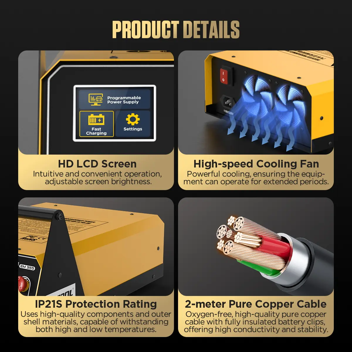 AUTOOL EM355 product details including LCD cooling fan IP21S rating and pure copper cable
