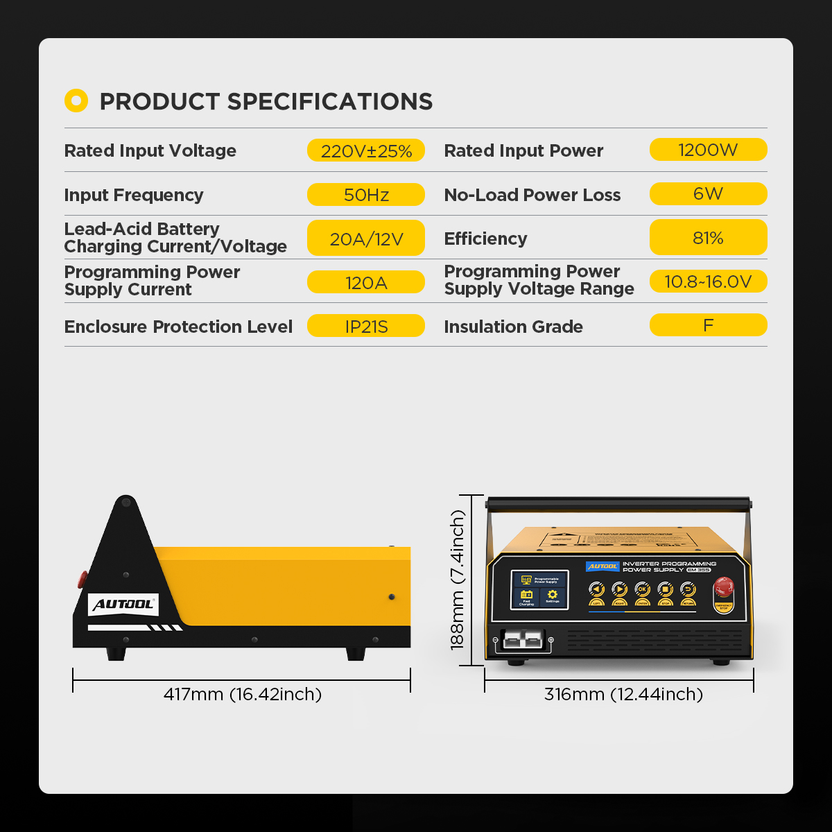 AUTOOL EM355 product specifications including input voltage current power efficiency IP21S and dimensions