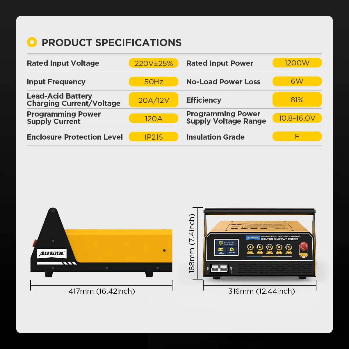 AUTOOL EM355 product specifications including input voltage current power efficiency IP21S and dimensions