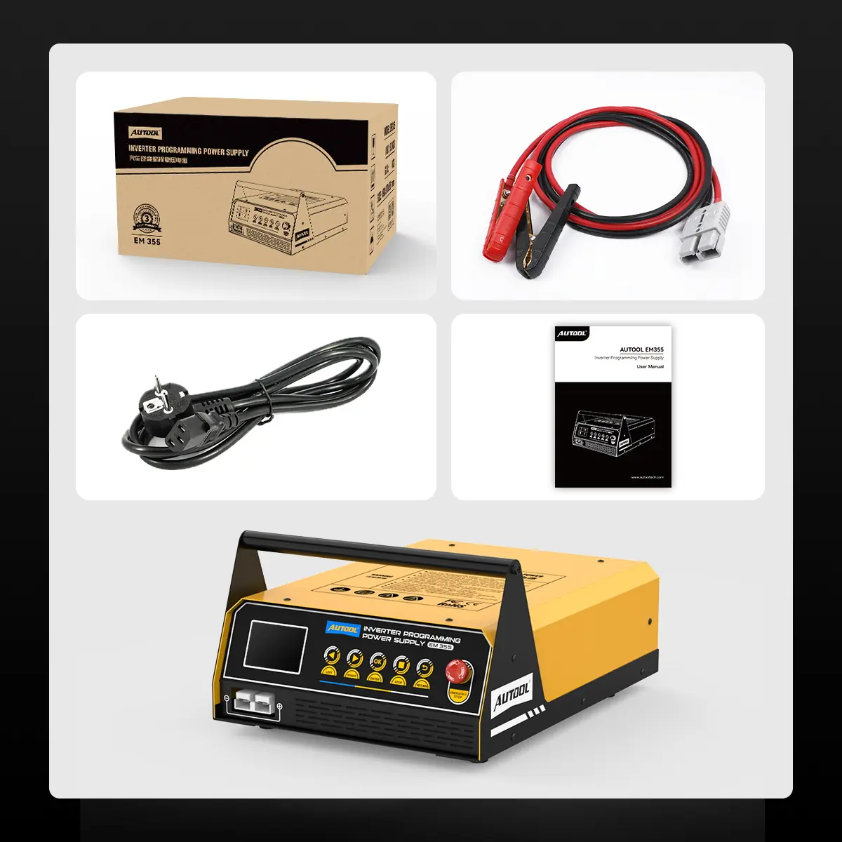 AUTOOL EM355 packing list including main unit retail box battery clamp cable power cable and user manual