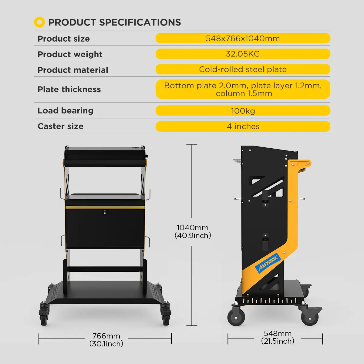 AUTOOL T25 product specification image with size weight material and caster information