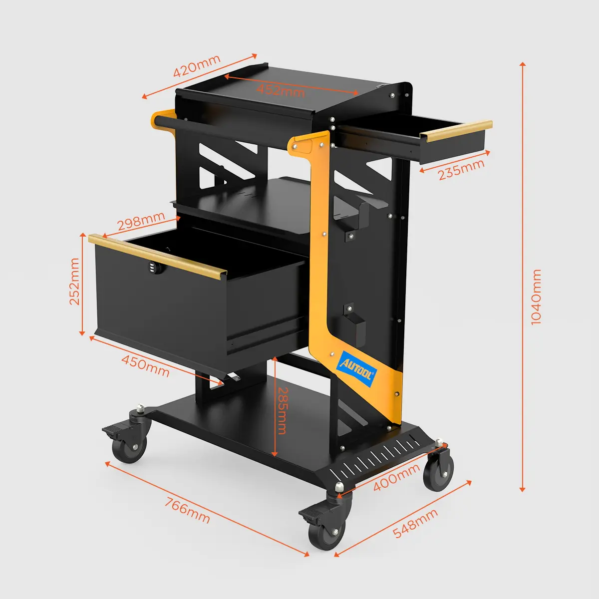 AUTOOL T25 detailed dimension image for drawer tray and overall body