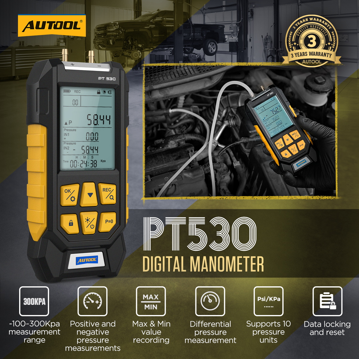 AUTOOL PT530 Digital Manometer Dual Port Pressure Gauge main product image