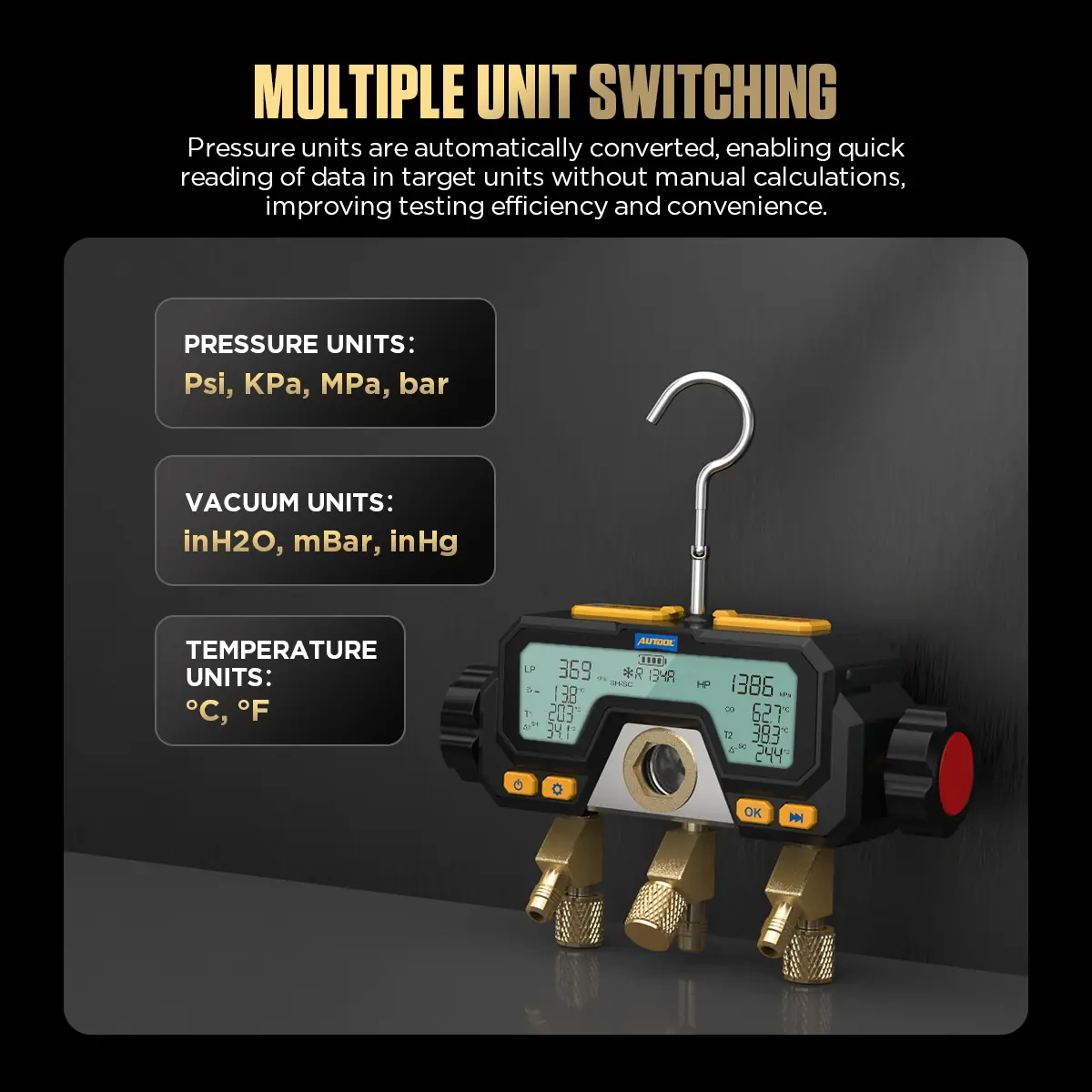 AUTOOL LM70 multiple unit switching image for pressure vacuum and temperature units