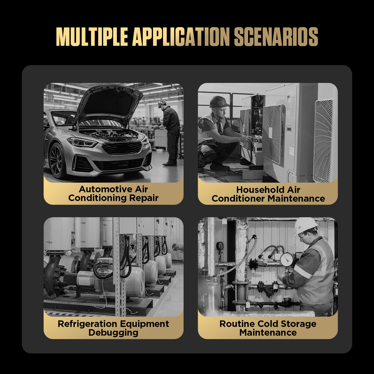 AUTOOL LM70 application scenarios including automotive air conditioning repair household air conditioner maintenance refrigeration equipment debugging and routine cold storage maintenance