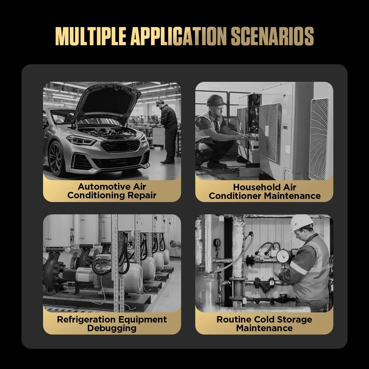 AUTOOL LM70 application scenarios including automotive air conditioning repair household air conditioner maintenance refrigeration equipment debugging and routine cold storage maintenance