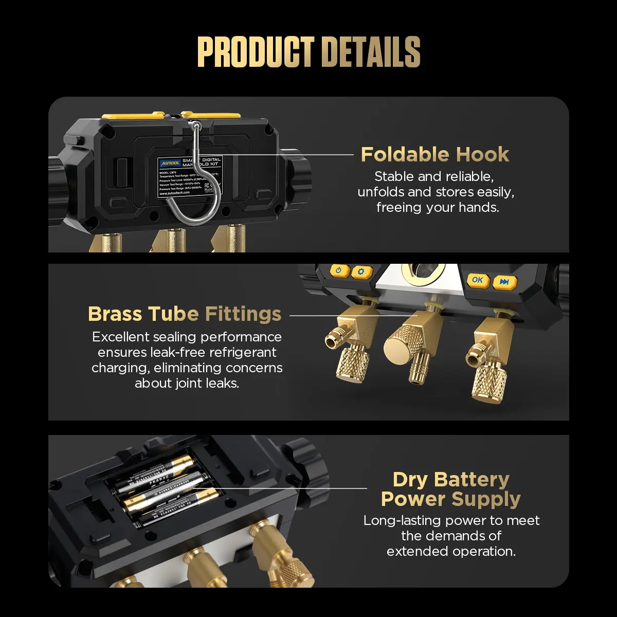 AUTOOL LM70 product details including foldable hook brass tube fittings and dry battery power supply