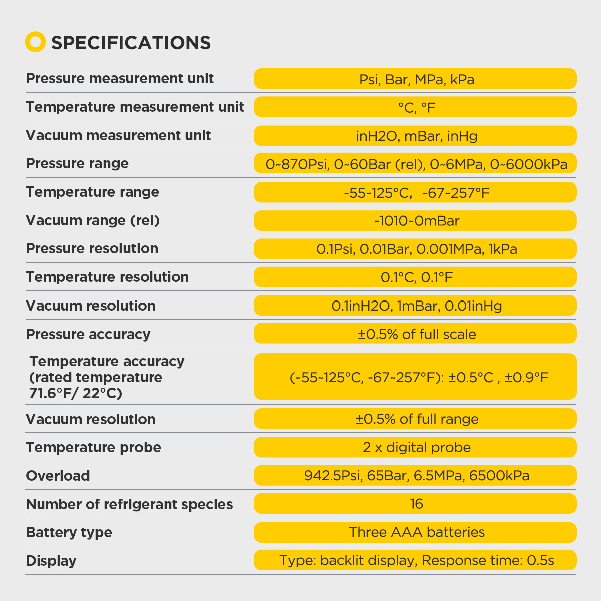 AUTOOL LM70 specifications chart with pressure temperature vacuum units ranges accuracy probes overload battery and display