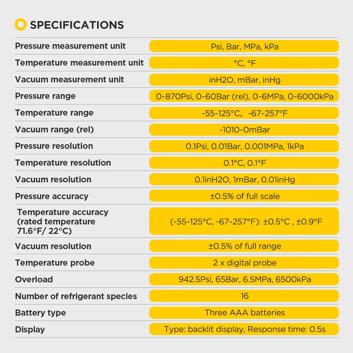 AUTOOL LM70 specifications chart with pressure temperature vacuum units ranges accuracy probes overload battery and display