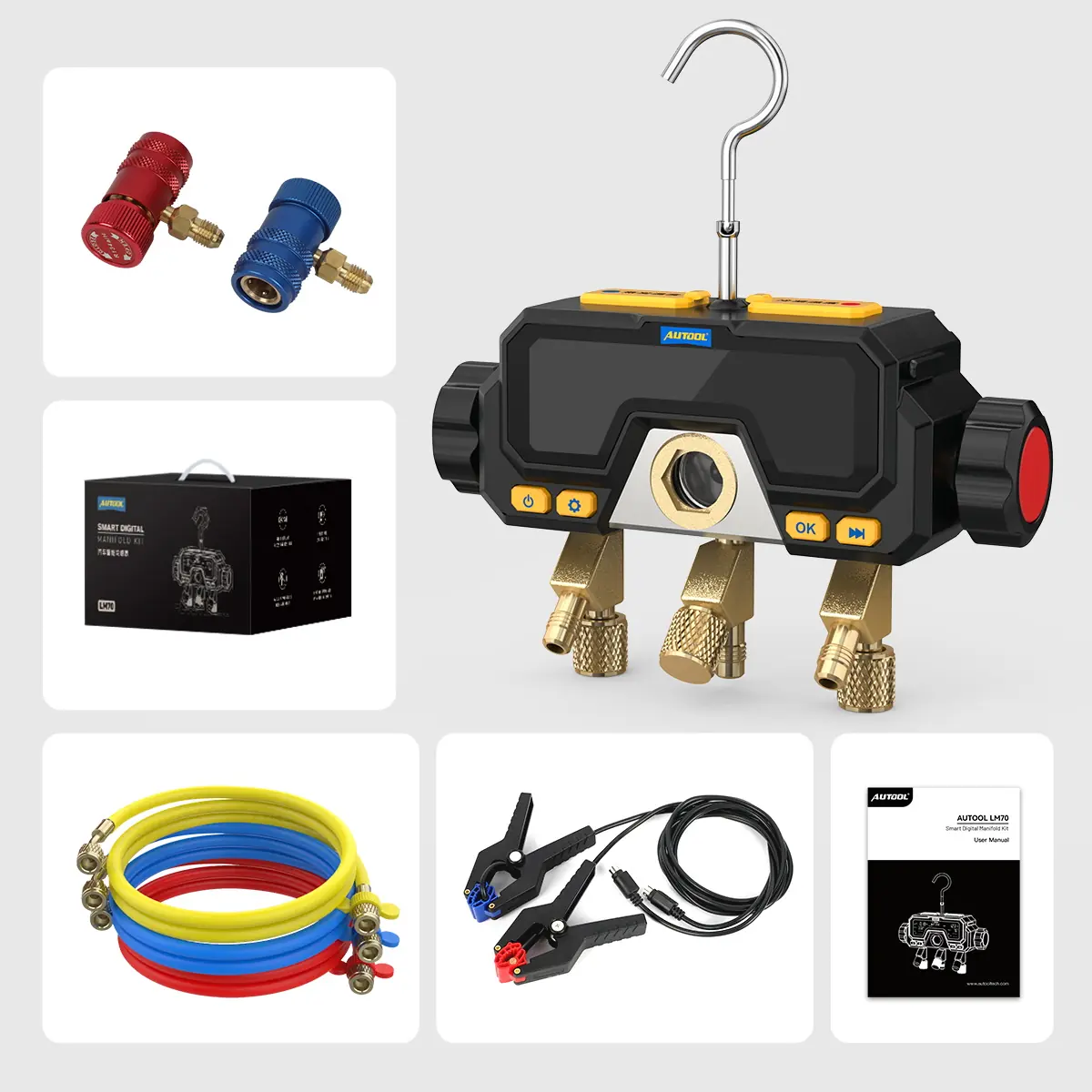 AUTOOL LM70 packing list showing main unit connectors retail box three-color refrigerant hoses clamp-type temperature probes and user manual