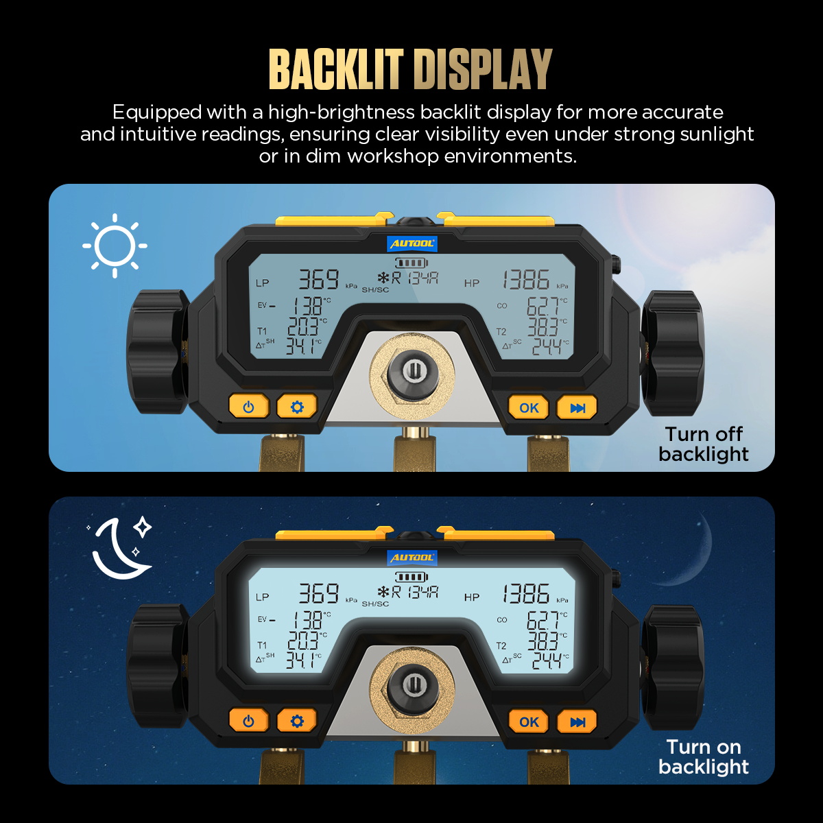 AUTOOL LM70 backlit display image showing backlight on and off