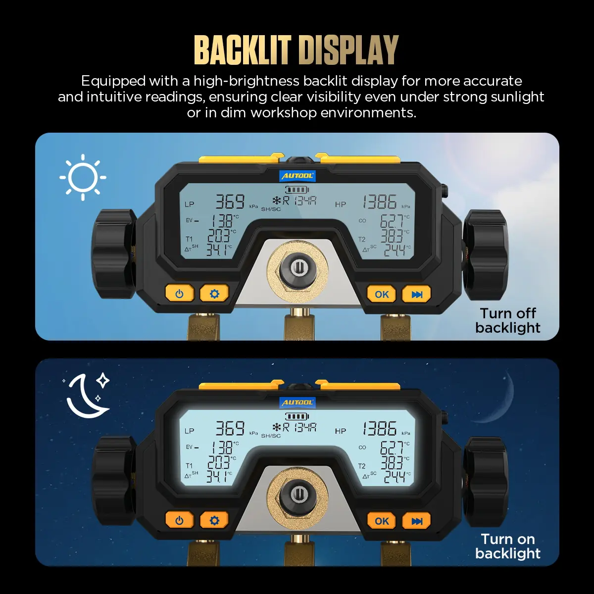 AUTOOL LM70 backlit display image showing backlight on and off