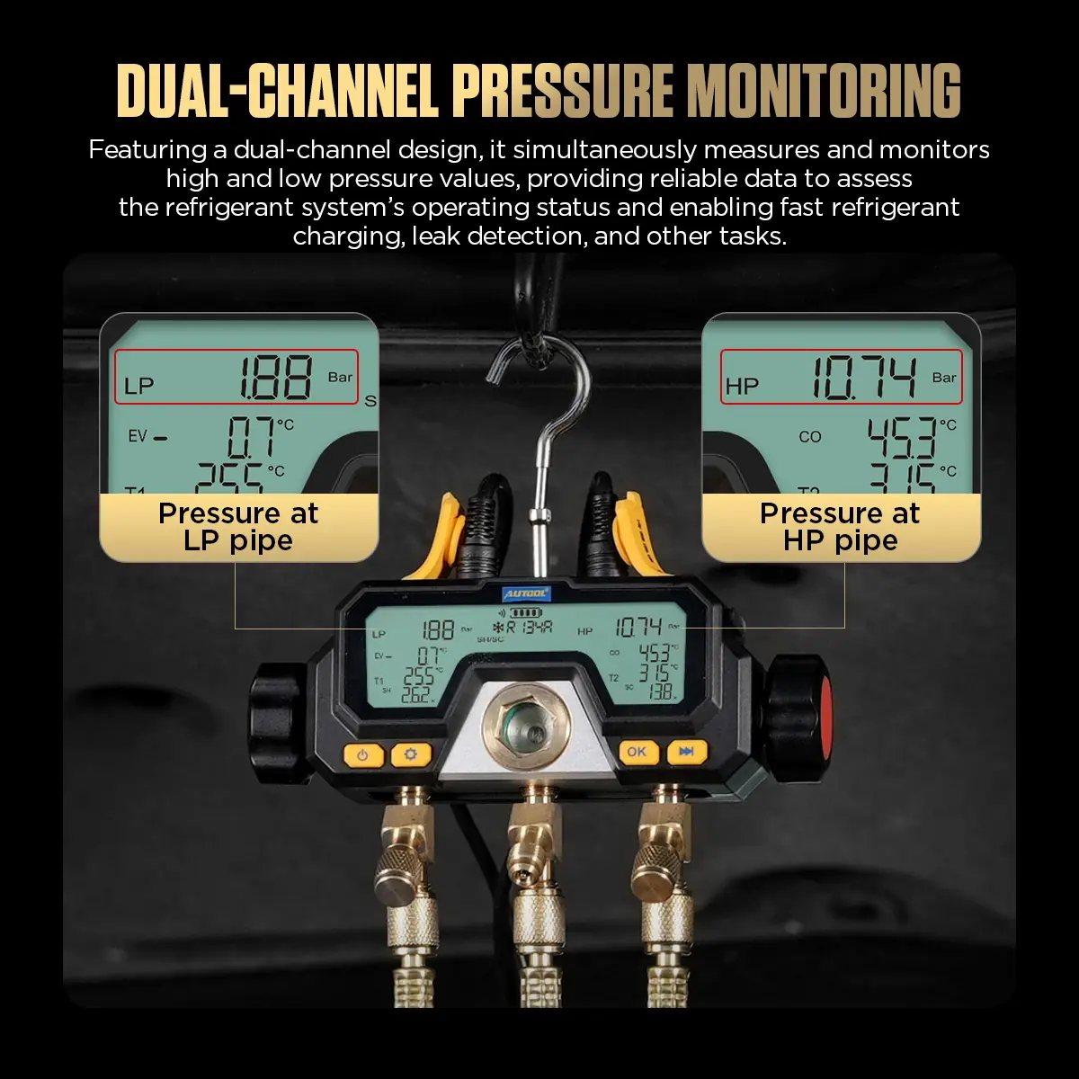 AUTOOL LM70 dual-channel pressure monitoring for low pressure and high pressure pipes