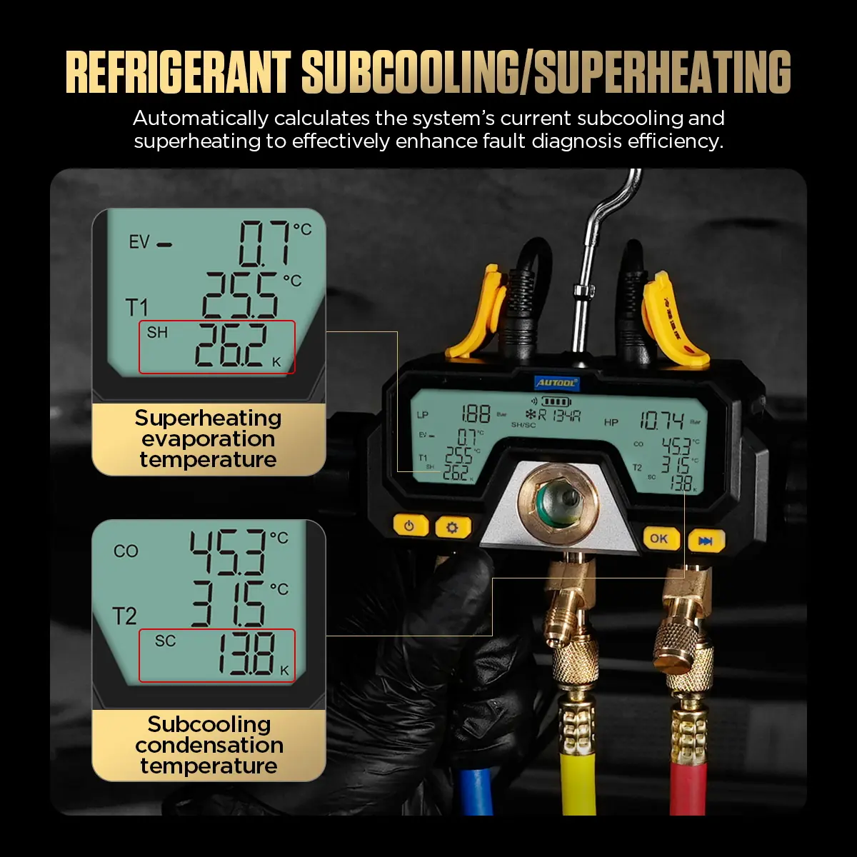 AUTOOL LM70 refrigerant subcooling and superheating calculation display