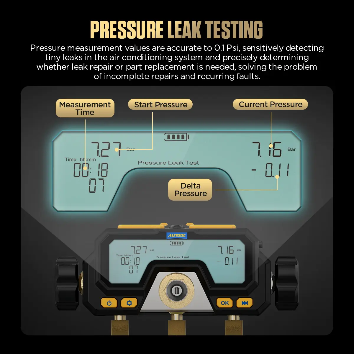 AUTOOL LM70 pressure leak testing mode showing time start pressure current pressure and delta pressure