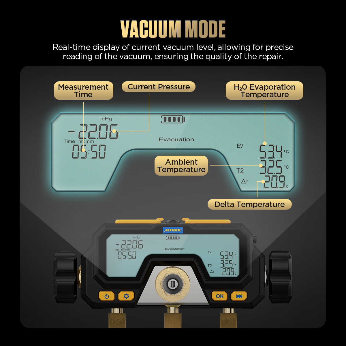 AUTOOL LM70 vacuum mode display showing current pressure ambient temperature and delta temperature