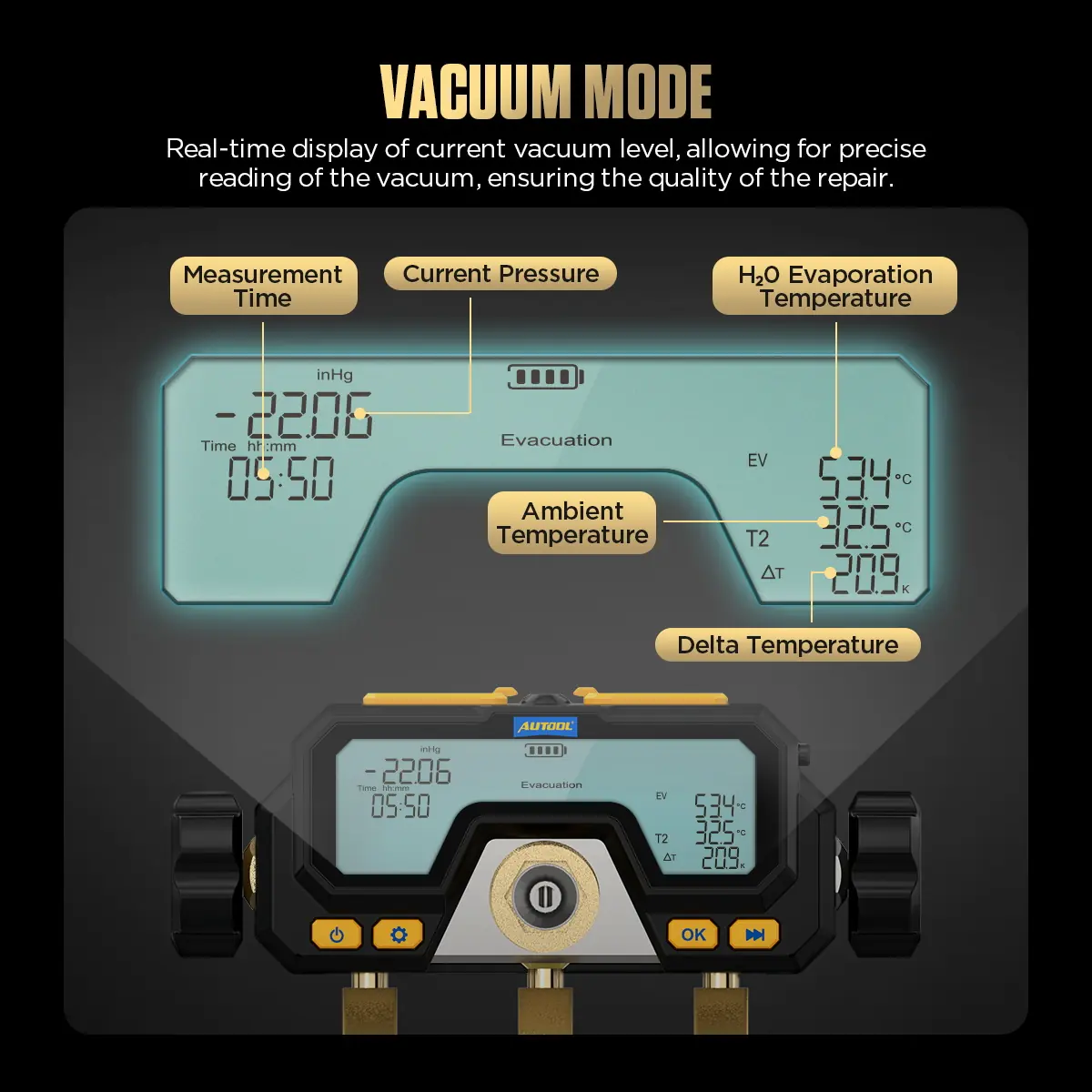 AUTOOL LM70 vacuum mode display showing current pressure ambient temperature and delta temperature
