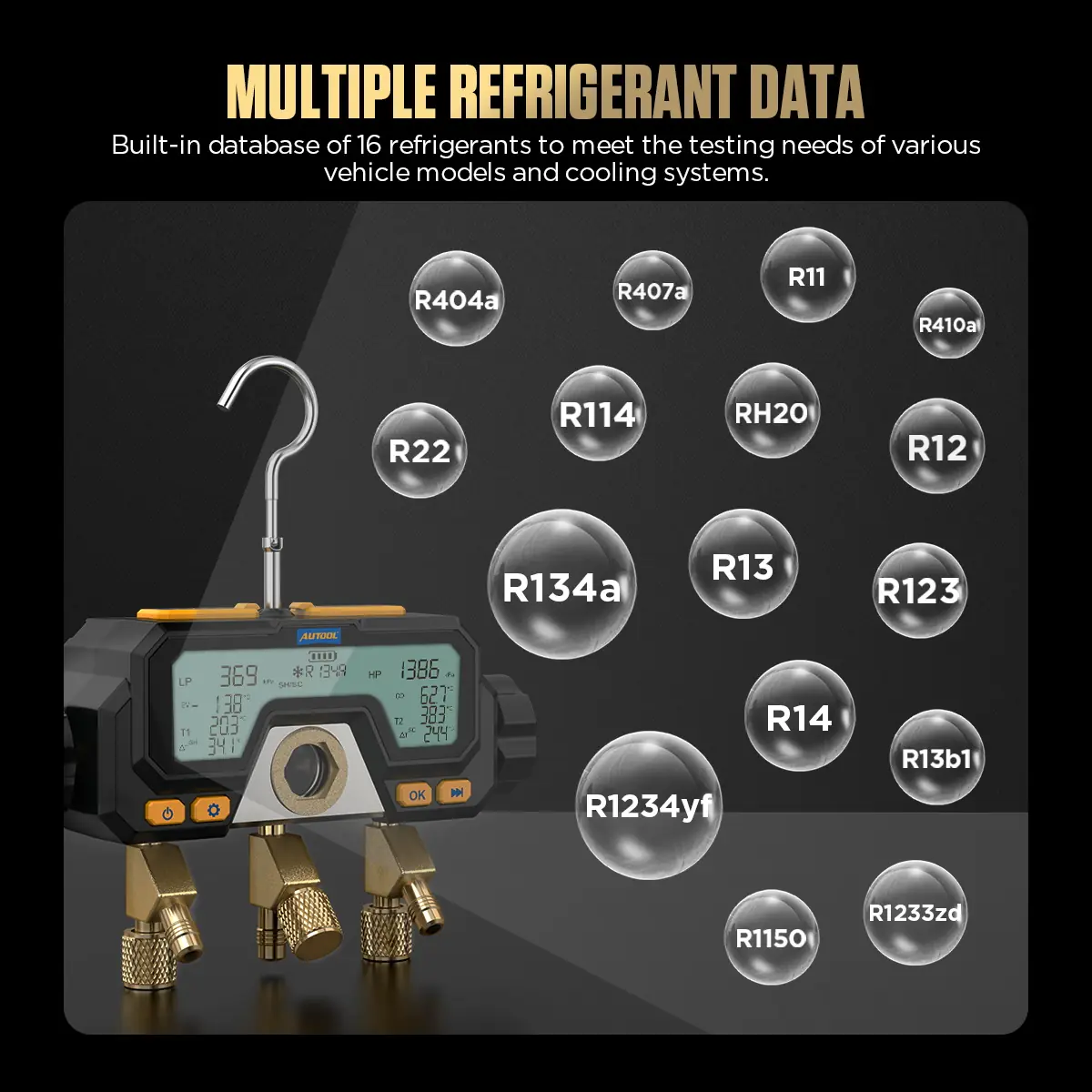 AUTOOL LM70 multiple refrigerant data image showing 16 refrigerants