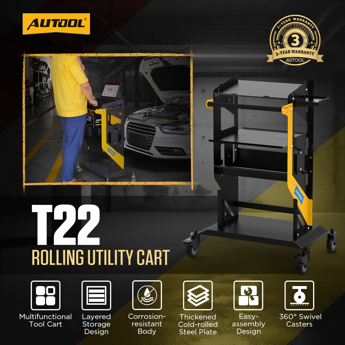 AUTOOL T22 rolling utility cart for automotive service and programming power setup