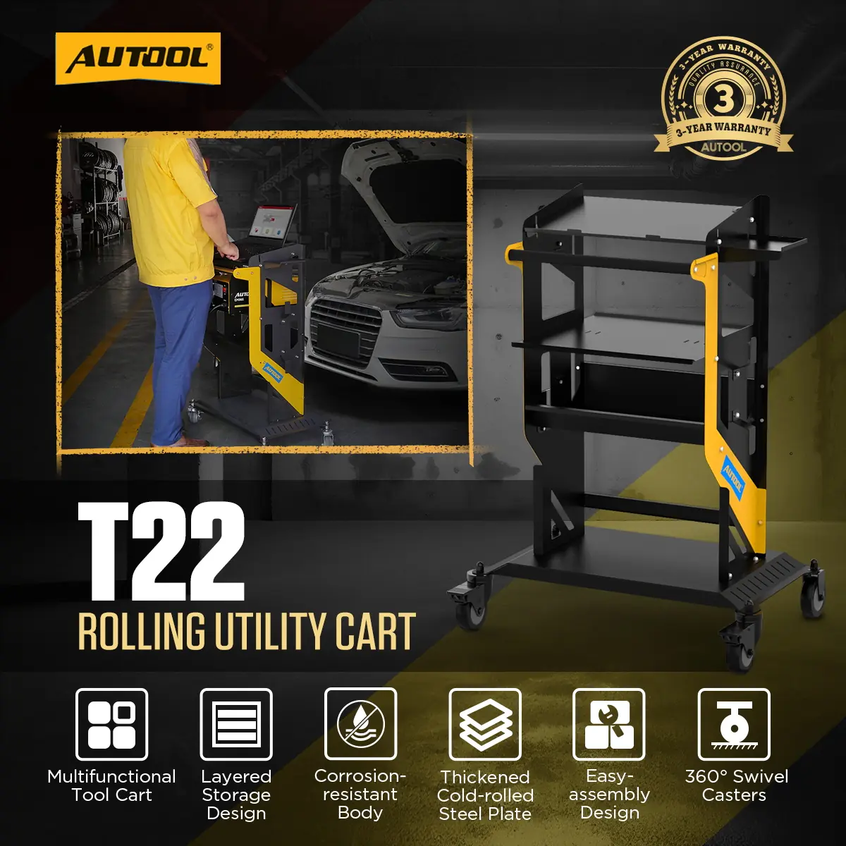 AUTOOL T22 rolling utility cart for automotive service and programming power setup