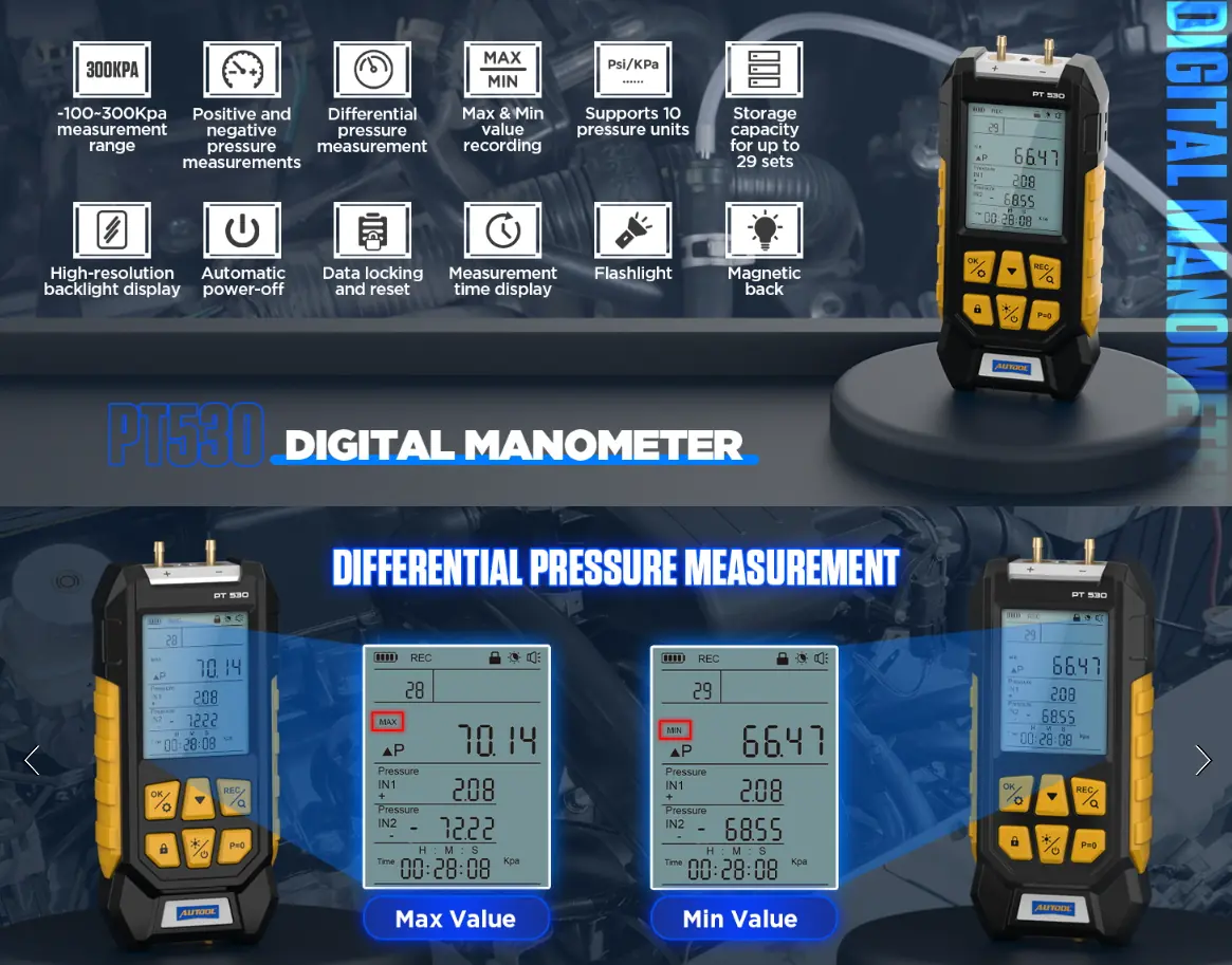 AUTOOL PT530 digital manometer for pressure testing