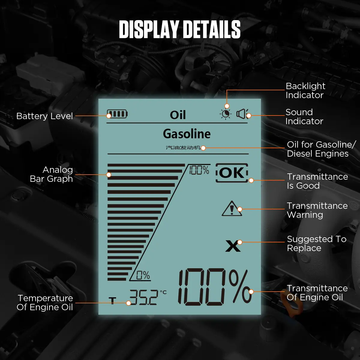 AUTOOL AS503 display details for battery level backlight sound gasoline diesel transmittance and oil temperature