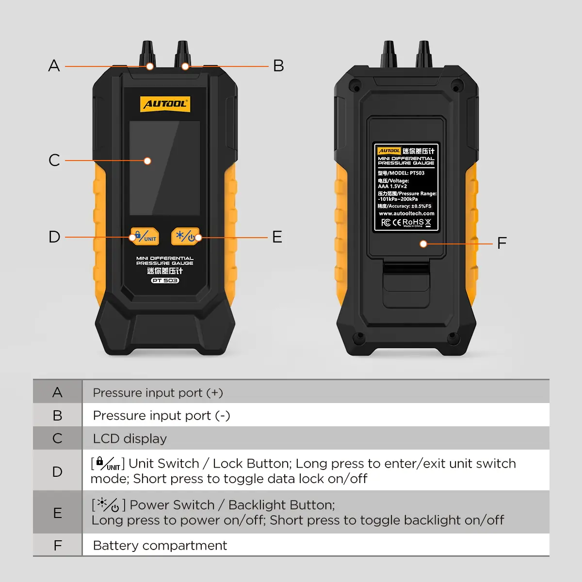 AUTOOL PT503 product structure positive pressure port negative pressure port display buttons and battery compartment